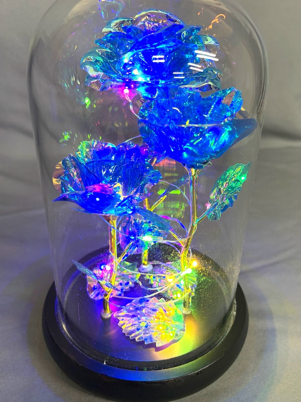 LED Glass Rose Dome - Blue Light Home Art